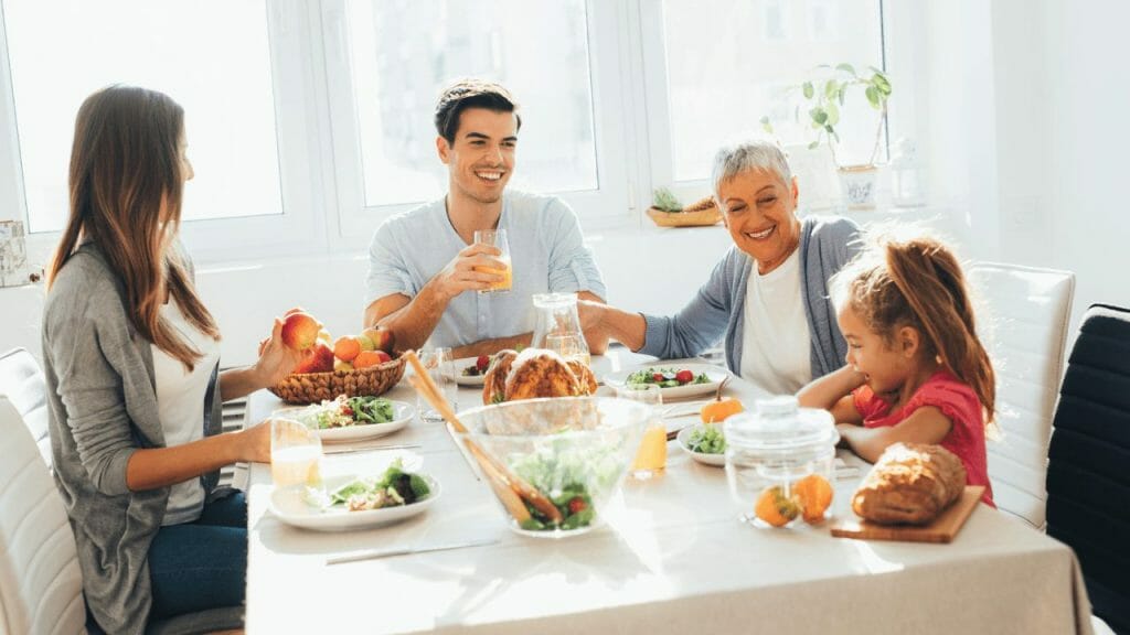 Family is having breakfast in the kitchen, a place where every family should store an anti-choking device.